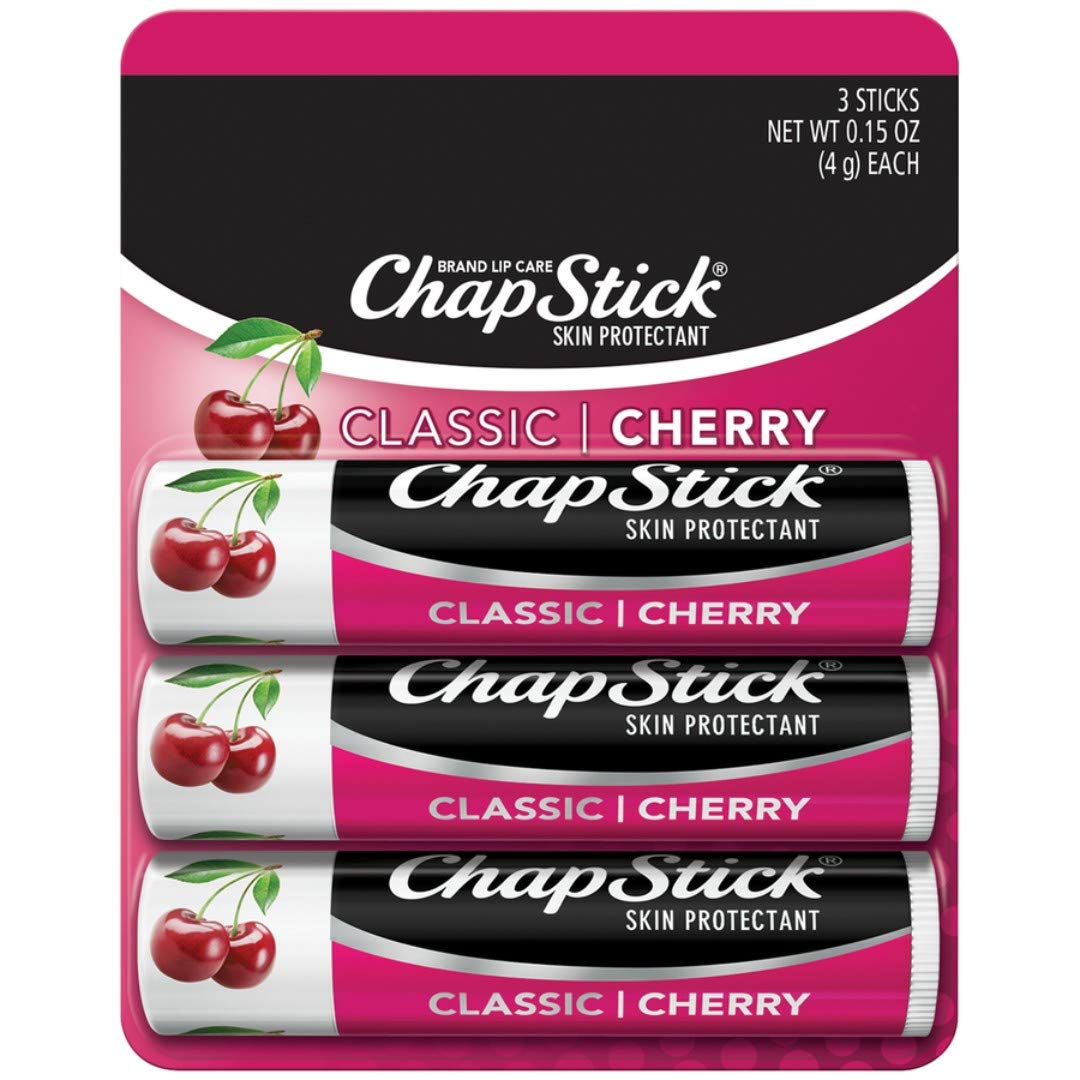 ChapStick Classic (1 Blister Pack of 3 Sticks, Cherry Flavor) Skin Protectant Flavored Lip Balm Tube, 0.15 Ounce Each