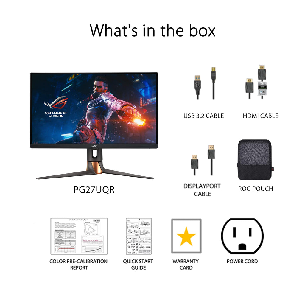 ASUS ROG Swift 27” 4K Gaming Monitor (PG27UQR) - UHD (3840 x2160), Fast IPS, 160Hz (Above 144Hz), 1ms, FreeSync Premium Pro, Variable Overdrive, DisplayPort, HDMI, DisplayHDR 600, 96% DCI-P3