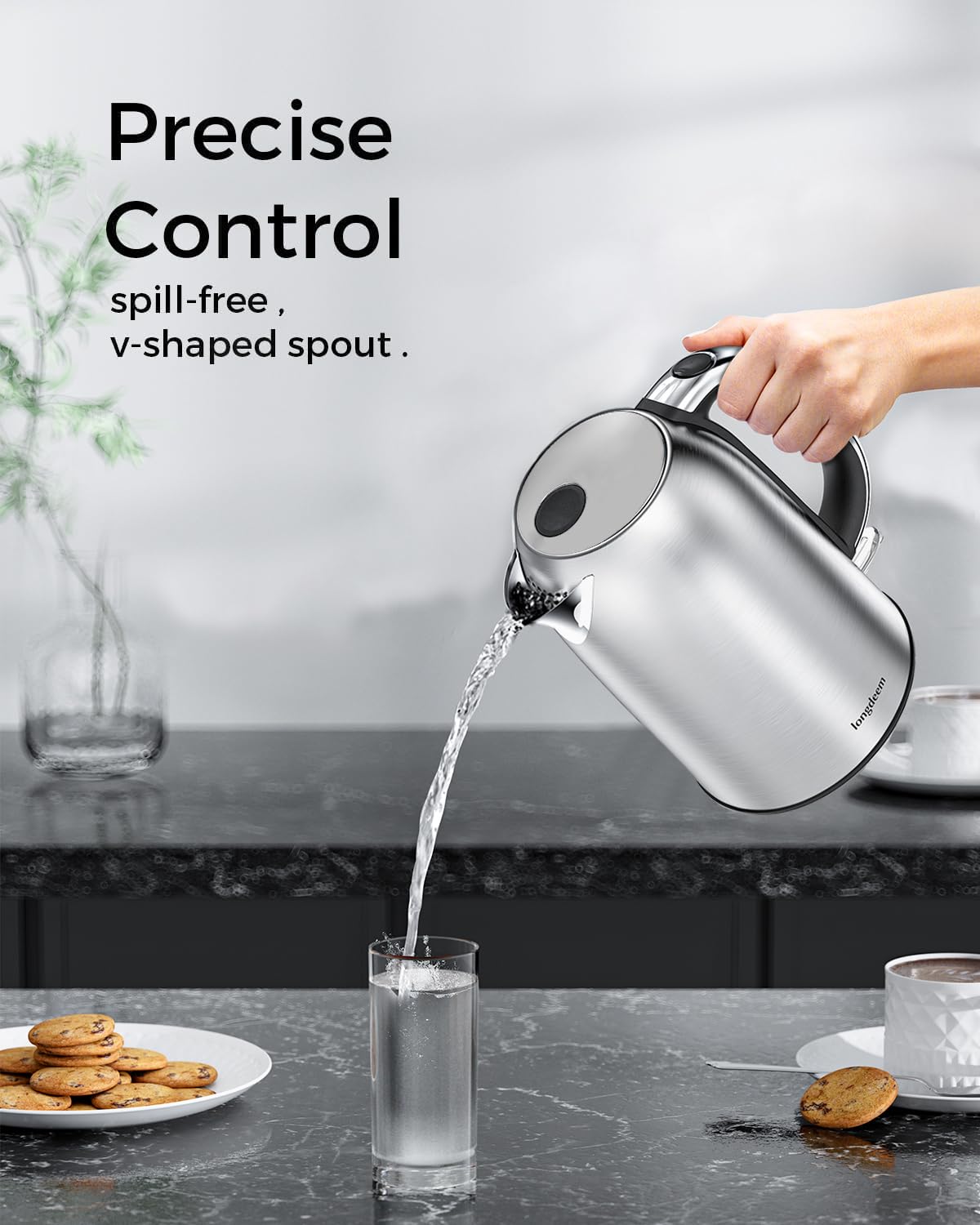 LONGDEEM Electric Tea Kettle for Boiling Water, Wide-Open Lid Stainless Steel Water Boiler, 1500W/1.7L, Auto Shut Off & Boil-Dry Protection, Cordless Swivel Base & LED Indicator