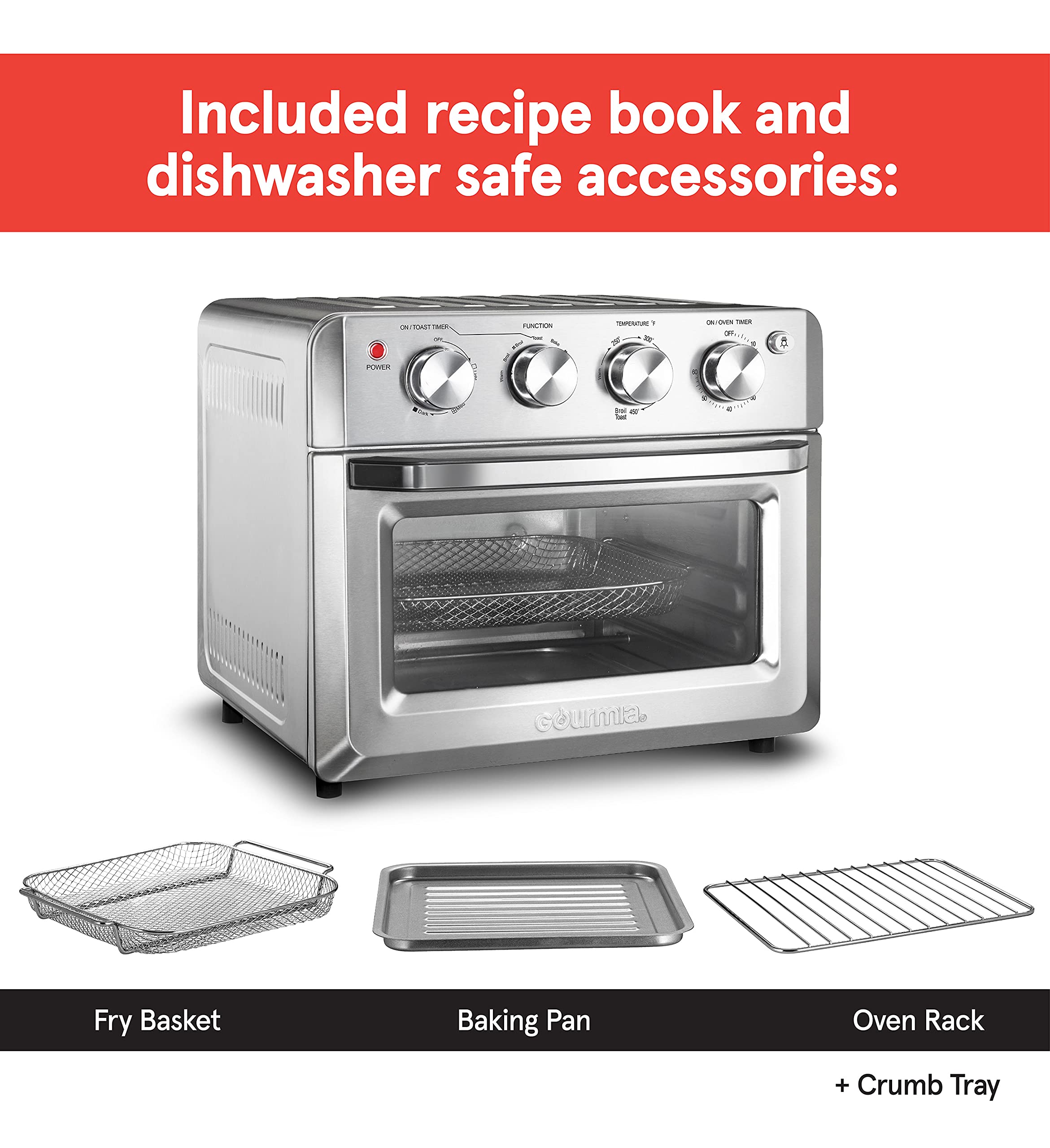 Gourmia Toaster Oven Air Fryer Combo 7-in-1 cooking functions 1550 watt, 19.8L capacity, accessories included convection rack, air frying basket GTF7580