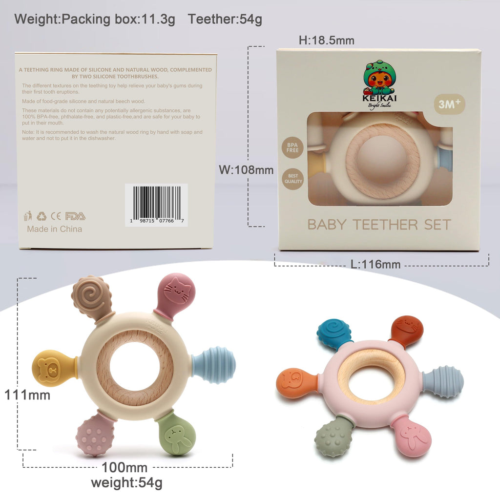 KEIKAI Bright Smiles Teething Toys for Babies, Baby Teethers Toy Teething Ring Silicone, Grasping Teething Toy, BPA Free Teething Nursing Accessories for 3+ Months Boy