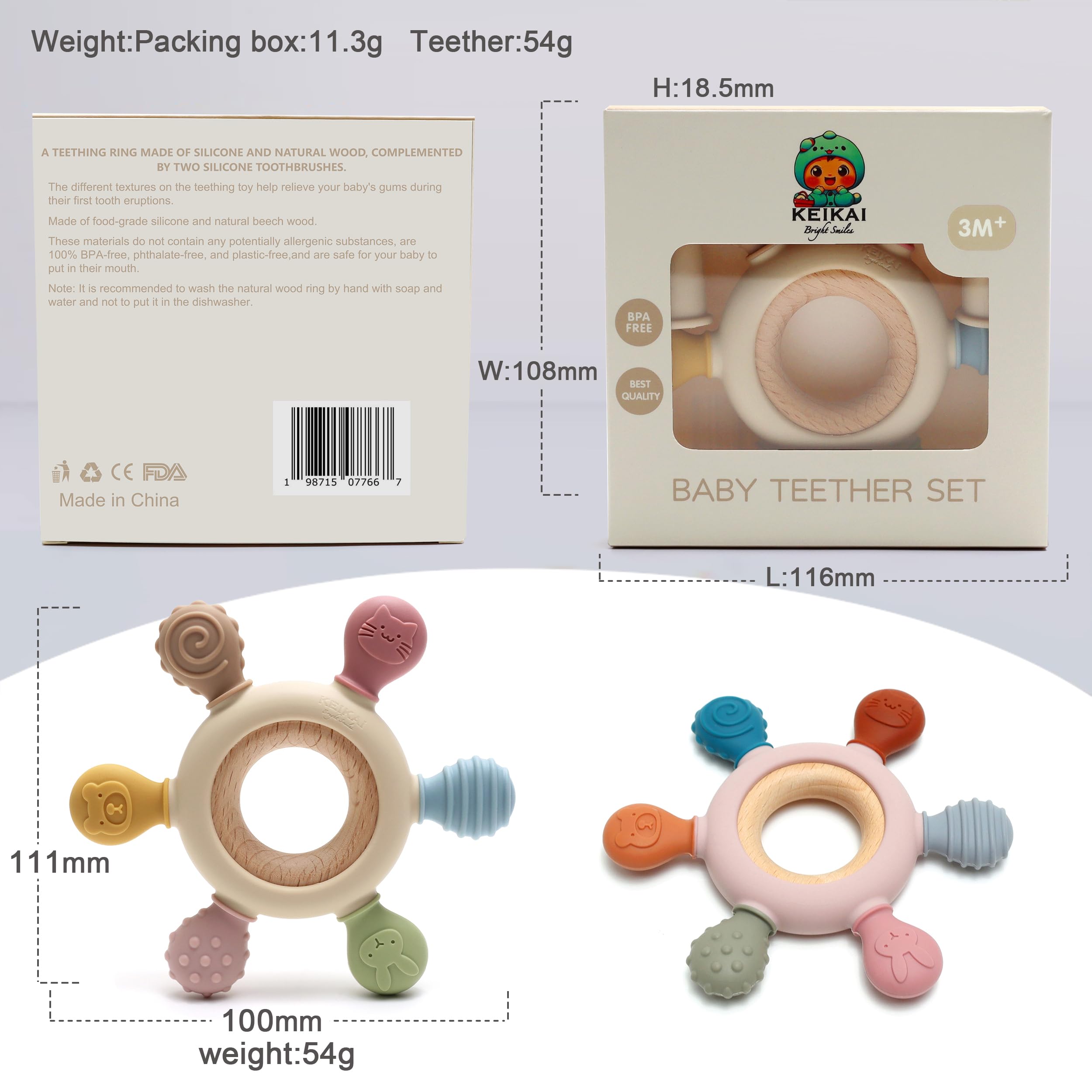 KEIKAI Bright Smiles Teething Toys for Babies, Baby Teethers Toy Teething Ring Silicone, Grasping Teething Toy, BPA Free Teething Nursing Accessories for 3+ Months Boy