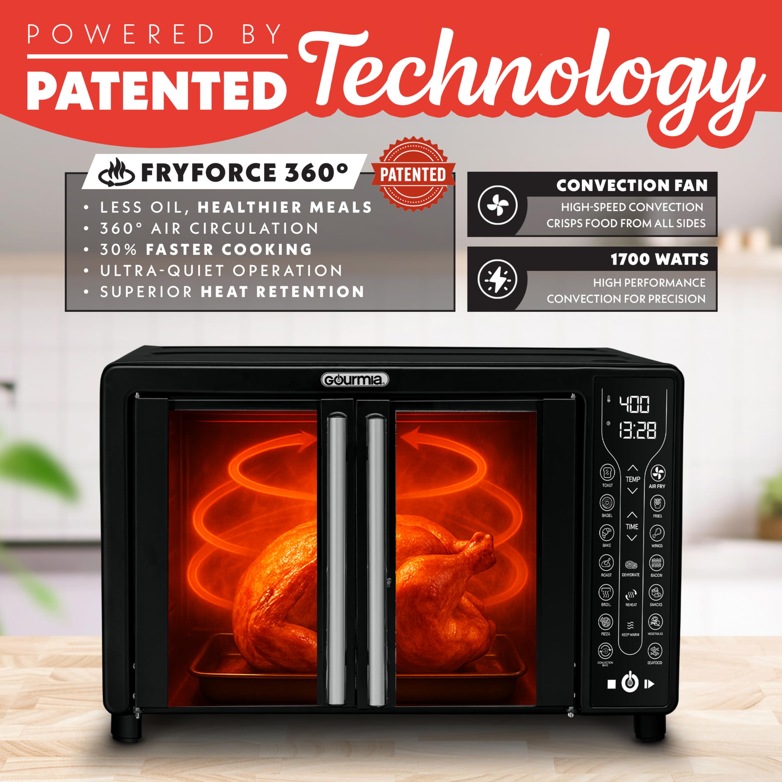 Gourmia Toaster Oven Air Fryer Combo 17 cooking presets 1700W french door digital air fryer oven 24L capacity accessories, convection rack, baking pan tray recipe book GTF7460,Large,Black