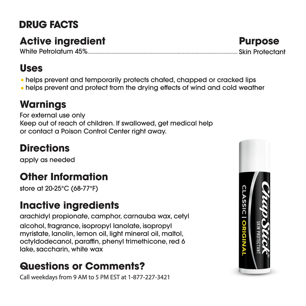 ChapStick Classic (3 Sticks) Original Flavor Skin Protectant Flavored Lip Balm Tube, 0.15 Ounce Each