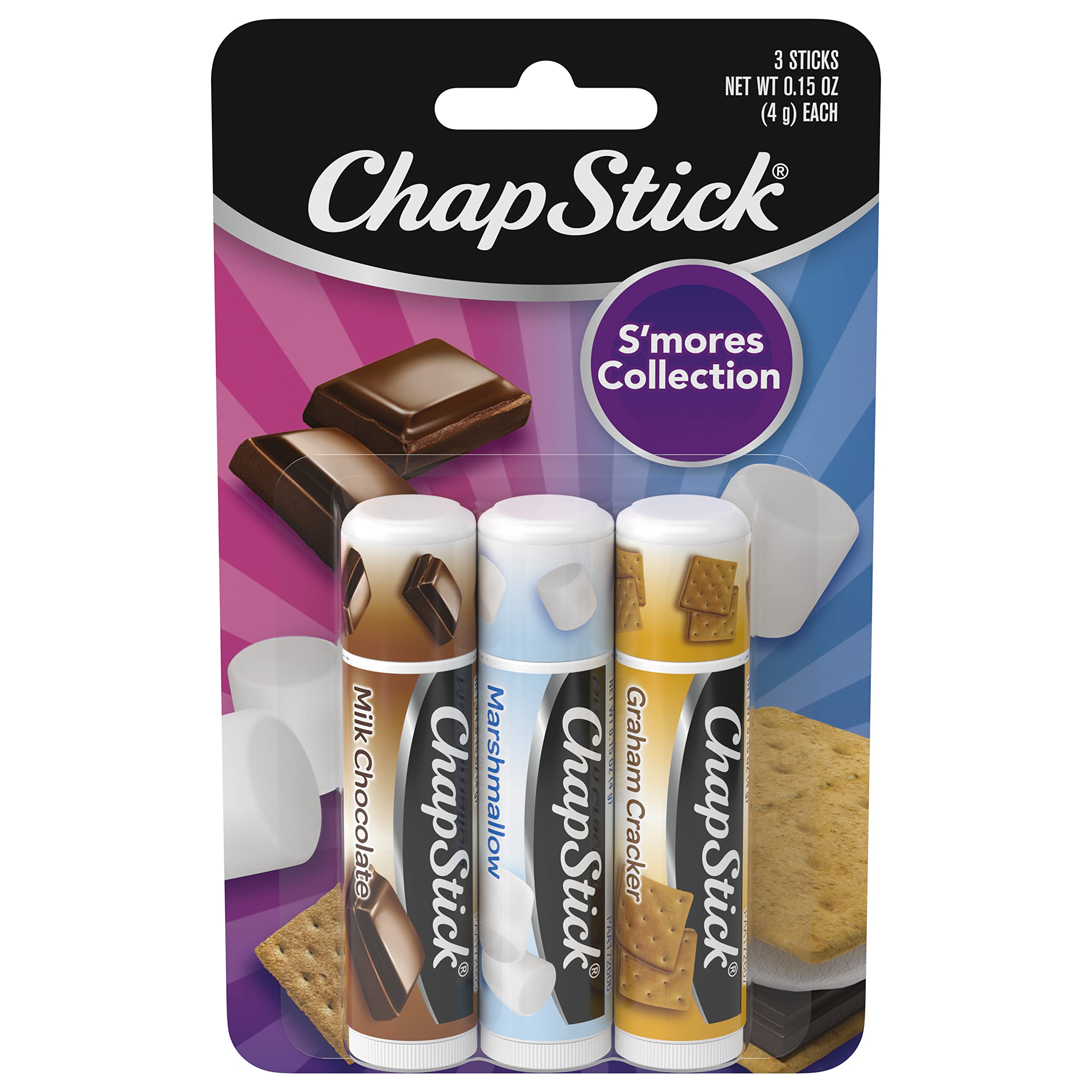 ChapStick (3 Sticks) S'mores Collection flavor skin Protectant Flavored Lip Balm Tube, 0.45 Oz Each