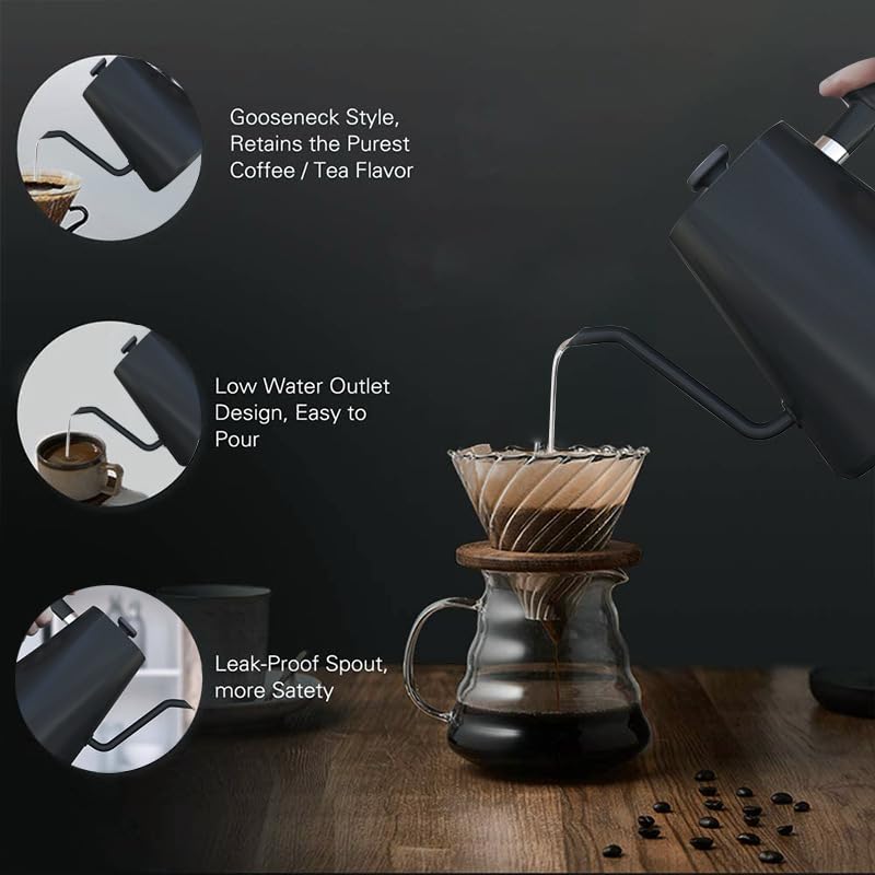VICBINLY Electric Gooseneck Kettle, 1.0L Pour Over Kettle and Coffee Kettle, 100% Stainless Steel Inner Lid and Bottom, 1200 Watt Quick Heating