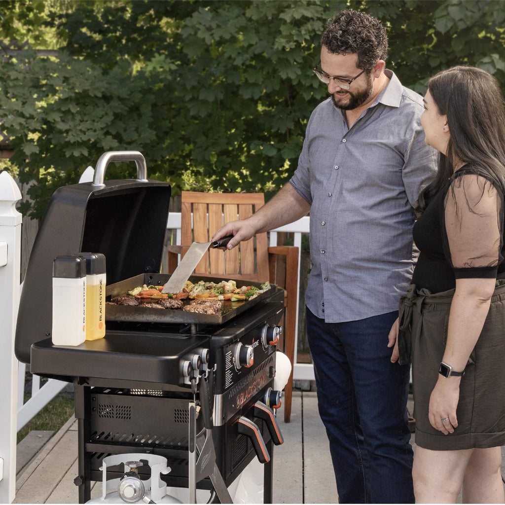 Blackstone 1962 Air Fryer Combo & Two Burners Stainless Steel Gas Hood, Wheels, Two Side Shelf – Heavy Duty Outdoor Griddle Station for Backyard, Patio, 28 inch Black
