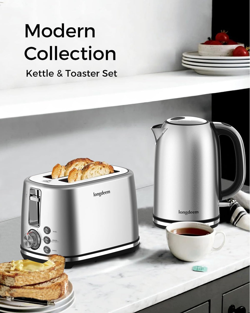 LONGDEEM Electric Tea Kettle for Boiling Water, Wide-Open Lid Stainless Steel Water Boiler, 1500W/1.7L, Auto Shut Off & Boil-Dry Protection, Cordless Swivel Base & LED Indicator