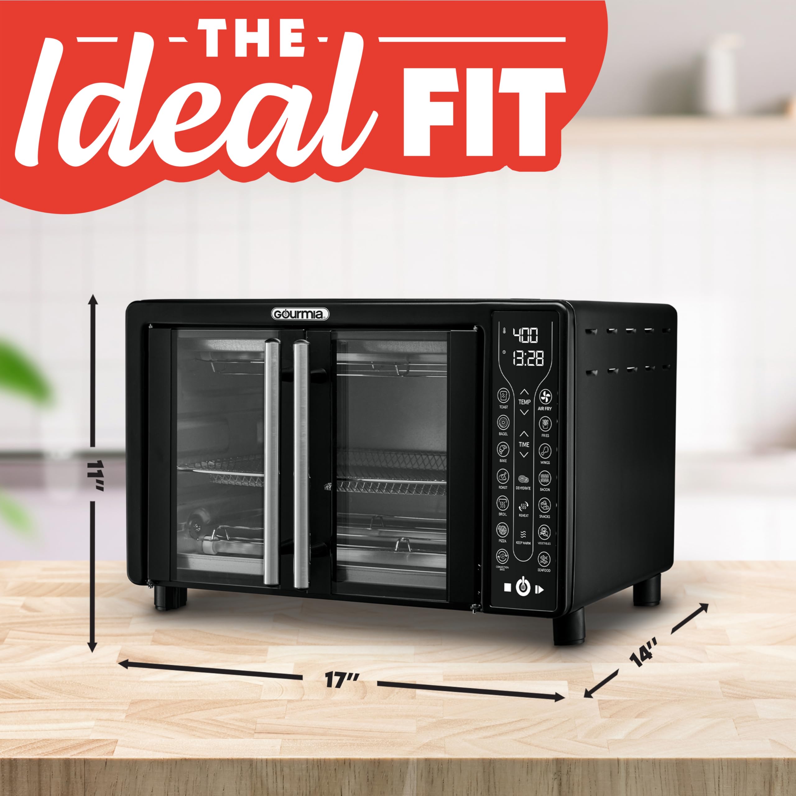 Gourmia Toaster Oven Air Fryer Combo 17 cooking presets 1700W french door digital air fryer oven 24L capacity accessories, convection rack, baking pan tray recipe book GTF7460,Large,Black