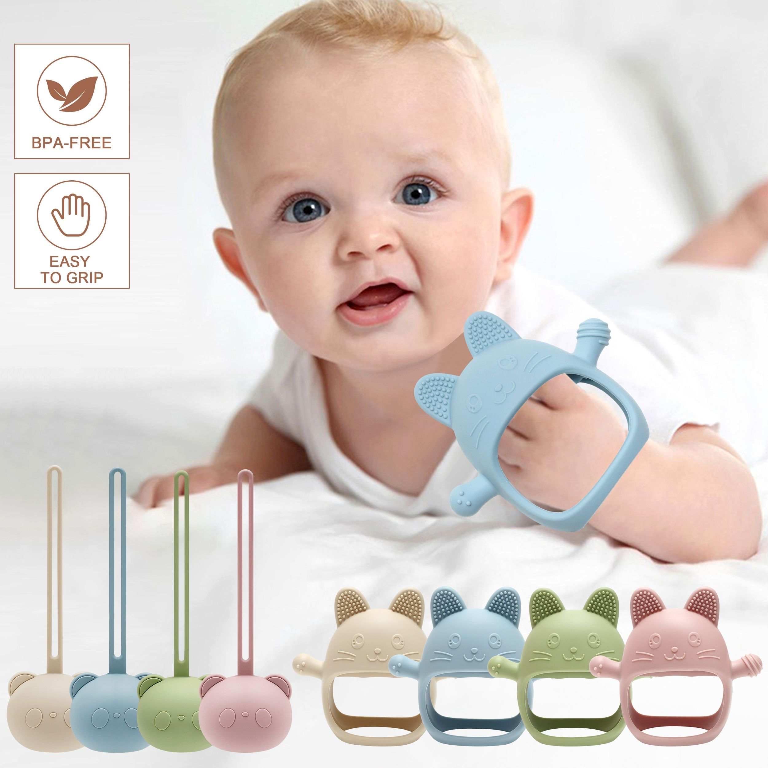 KEIKAI Bright Smiles - Baby Teething Toys, BPA Free 2 Pack Teether Set Toys for Baby 3M+, Silicone Mitten Glove Teether for Comfort Needs, Hand Pacifier Chew Toys for Teething Pain Relief, Baby Pacifier Toys