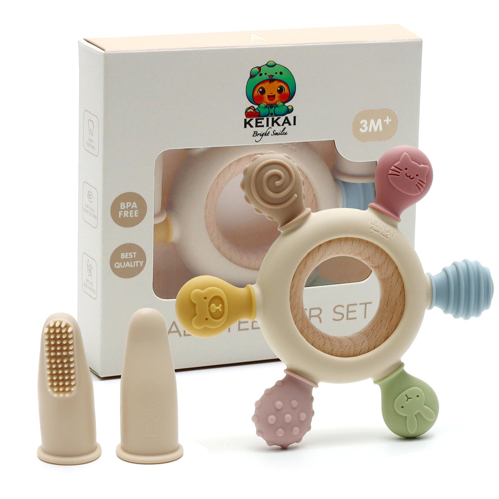 KEIKAI Bright Smiles Teething Toys for Babies, Baby Teethers Toy Teething Ring Silicone, Grasping Teething Toy, BPA Free Teething Nursing Accessories for 3+ Months Boy