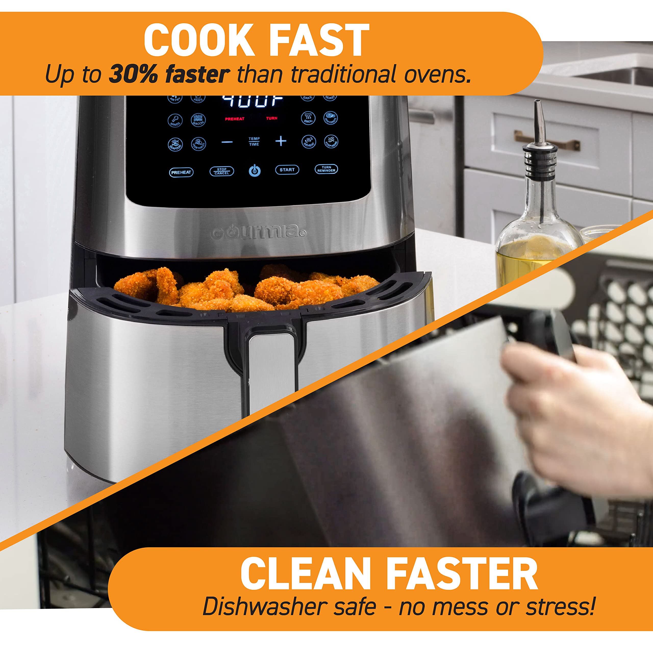 Gourmia Air Fryer Oven Digital Display Large AirFryer Cooker 12 1-Touch Cooking Presets, XL Air Fryer Basket 1500w Power Multifunction Black and Stainless Steel Accents FRY FORCE 360