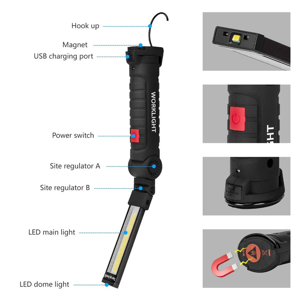 Lampe de travail LED COB rechargeable USB, torche d’inspection magnétique avec crochet luminosité réglable, batterie 18650 outil