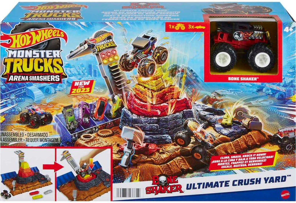 Hot Wheels Monster Trucks Playset & Toy Truck, Arena Smashers Bone Shaker Ultimate Crush Yard, Exclusive 1:64 Scale Bone Shaker & 3 Crushable Cars