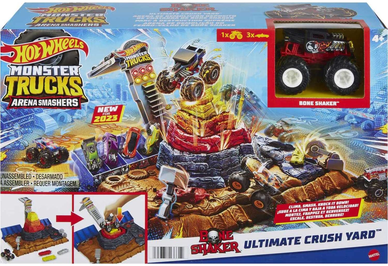 Hot Wheels Monster Trucks Playset & Toy Truck, Arena Smashers Bone Shaker Ultimate Crush Yard, Exclusive 1:64 Scale Bone Shaker & 3 Crushable Cars