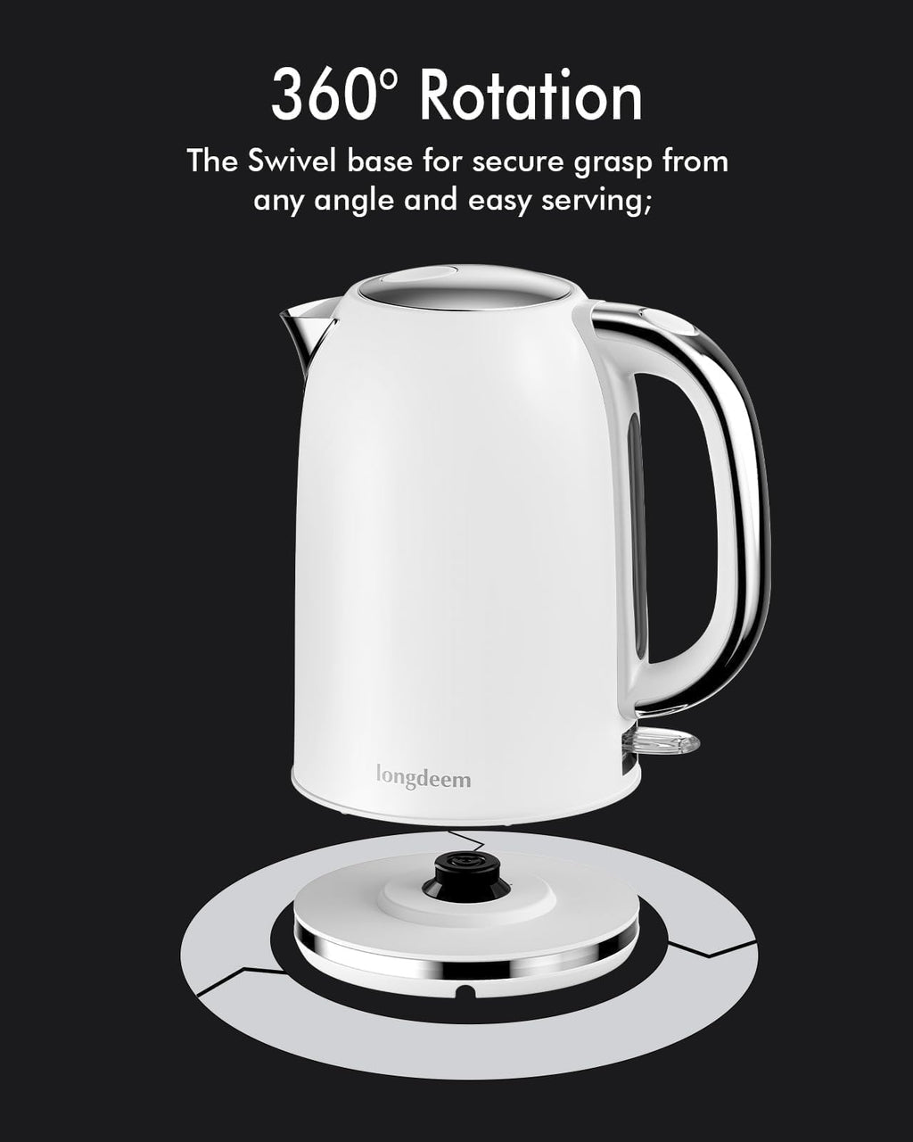 LONGDEEM Electric Tea Kettle for Boiling Water, Wide-Open Lid Stainless Steel Water Boiler, 1500W/1.7L, Auto Shut Off & Boil-Dry Protection, Cordless Swivel Base & LED Indicator