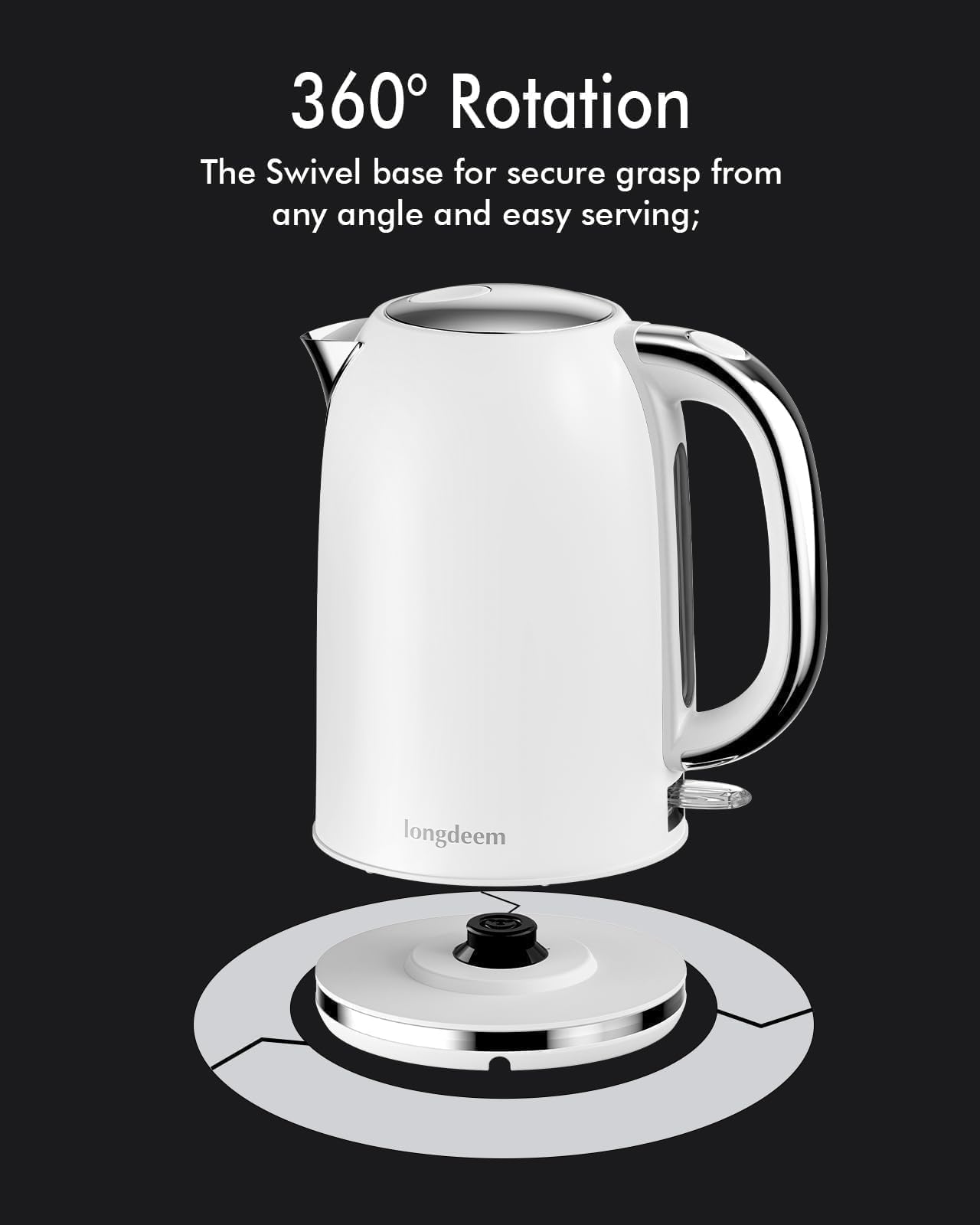 LONGDEEM Electric Tea Kettle for Boiling Water, Wide-Open Lid Stainless Steel Water Boiler, 1500W/1.7L, Auto Shut Off & Boil-Dry Protection, Cordless Swivel Base & LED Indicator