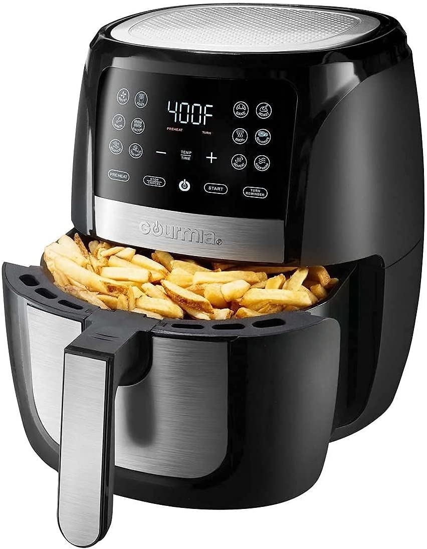 Gourmia Air Fryer Oven Digital Display Large AirFryer Cooker 12 1-Touch Cooking Presets, XL Air Fryer Basket 1500w Power Multifunction Black and Stainless Steel Accents FRY FORCE 360