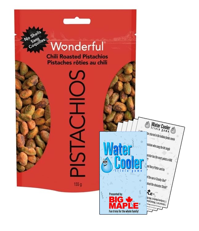 Chili Roasted Pistachios Bundle. Includes (1) Package of Wonderful Chili Roasted Pistachios (155g) – NO SHELLS with Water Cooler Trivia Game by BIG MAPLE®. Tasty Snack for the Office, Movies, Road Trip, Sports, Studying