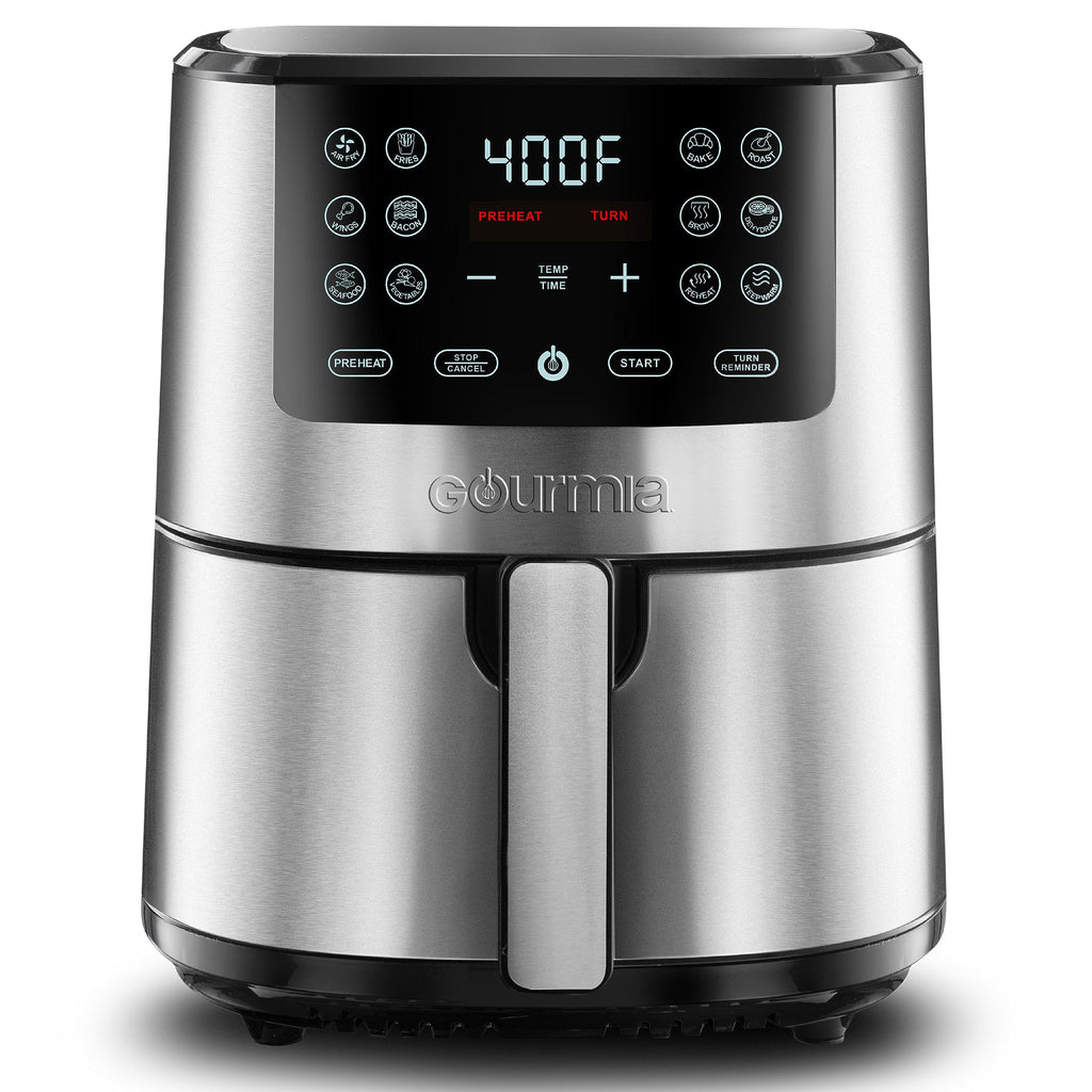 Gourmia Air Fryer Oven Digital Display Large AirFryer Cooker 12 1-Touch Cooking Presets, XL Air Fryer Basket 1500w Power Multifunction Black and Stainless Steel Accents FRY FORCE 360