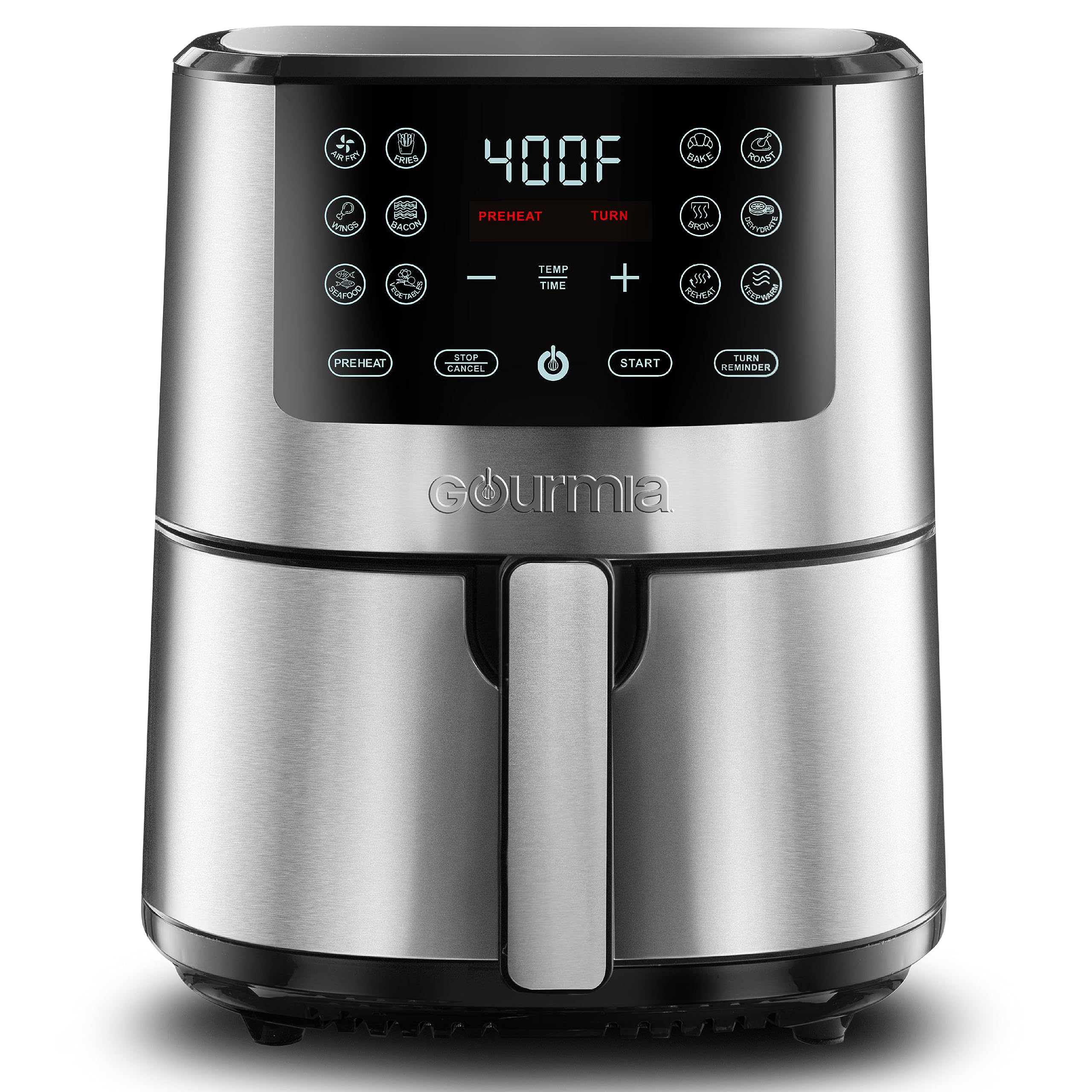 Gourmia Air Fryer Oven Digital Display Large AirFryer Cooker 12 1-Touch Cooking Presets, XL Air Fryer Basket 1500w Power Multifunction Black and Stainless Steel Accents FRY FORCE 360