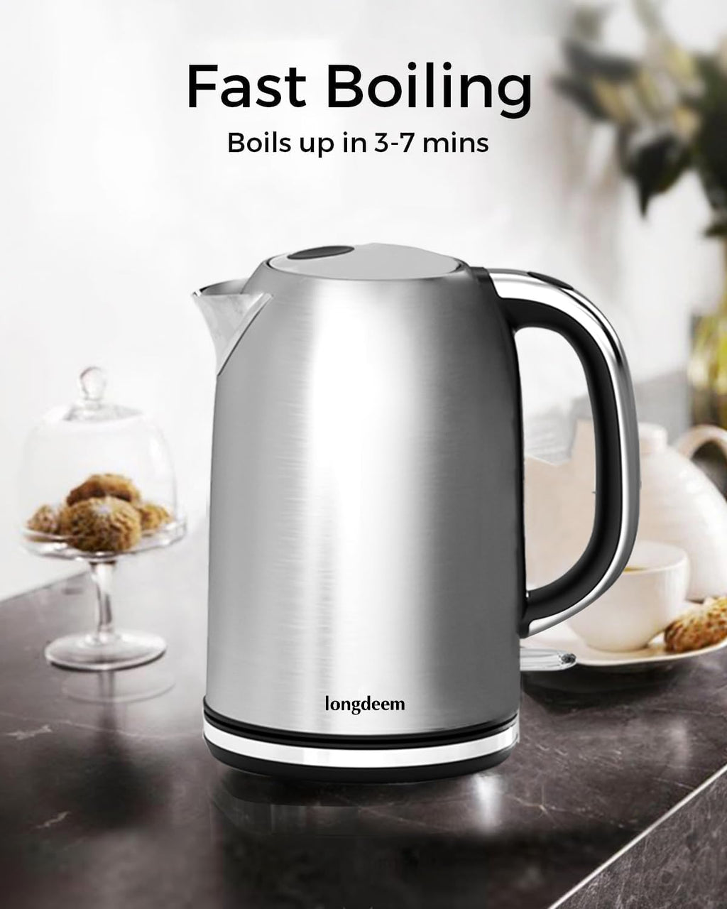 LONGDEEM Electric Tea Kettle for Boiling Water, Wide-Open Lid Stainless Steel Water Boiler, 1500W/1.7L, Auto Shut Off & Boil-Dry Protection, Cordless Swivel Base & LED Indicator