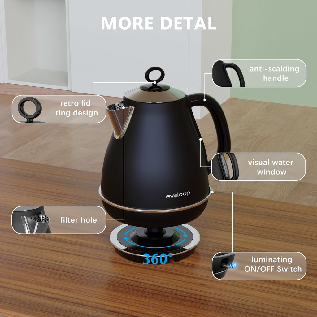 Evoloop 1.7L Electric Kettles, BPA Free Tea Kettle, Hot Water Boiler Heater, Stainless Steel Teapot, Auto Shut-Off & Boil-Dry Protection, 120V/1500W