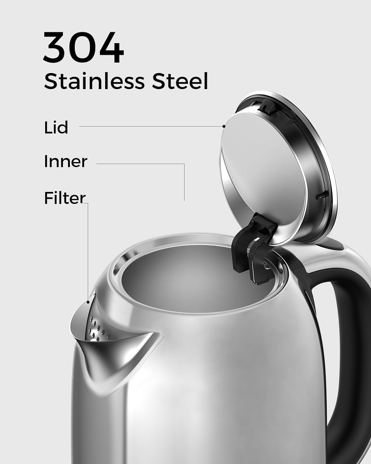 LONGDEEM Electric Tea Kettle for Boiling Water, Wide-Open Lid Stainless Steel Water Boiler, 1500W/1.7L, Auto Shut Off & Boil-Dry Protection, Cordless Swivel Base & LED Indicator