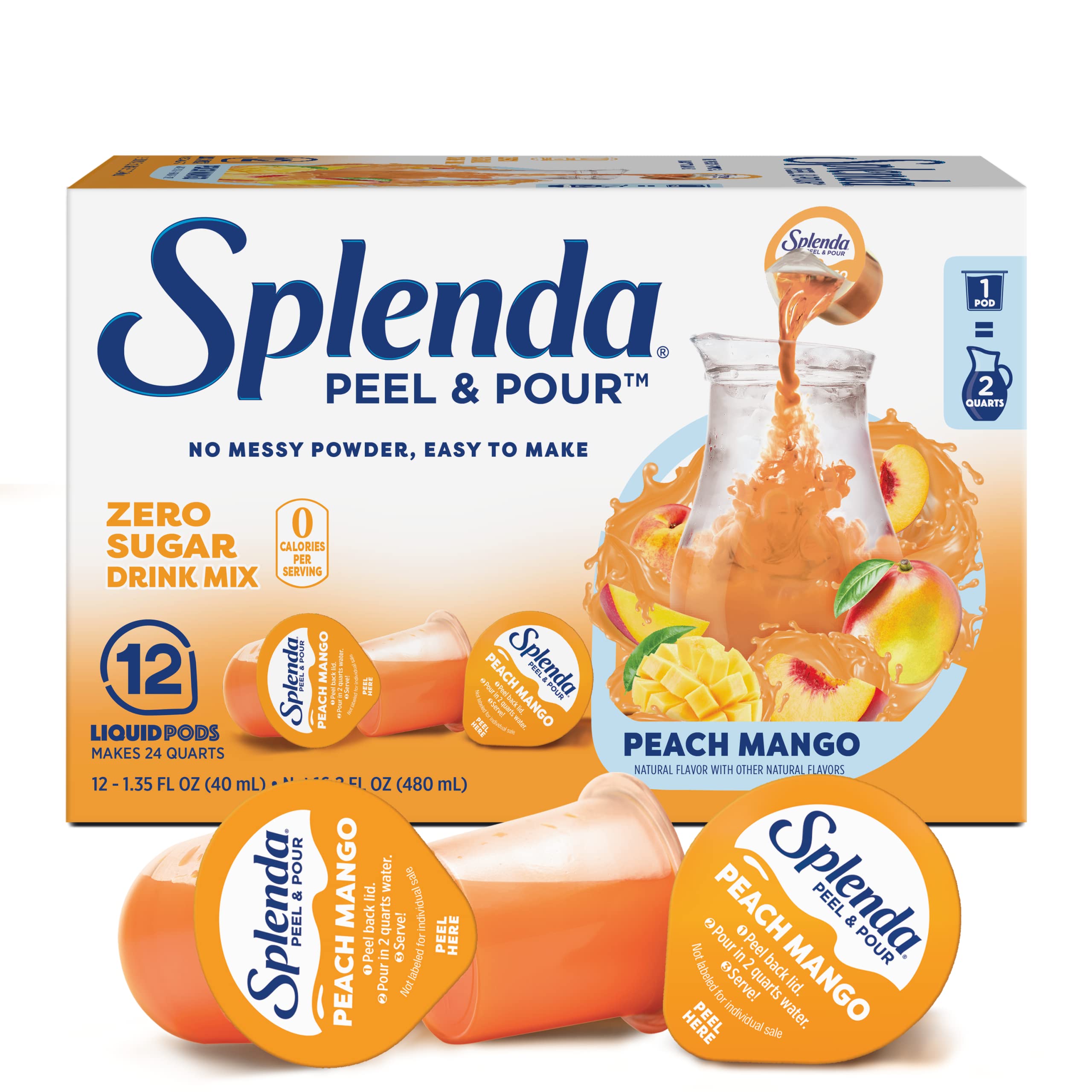 Splenda Peel and Pour Zero Calorie Drink Mix, Naturally Flavored Sugar Free Concentrate, Multi Serve Liquid Pitcher Pods (Peach Mango)