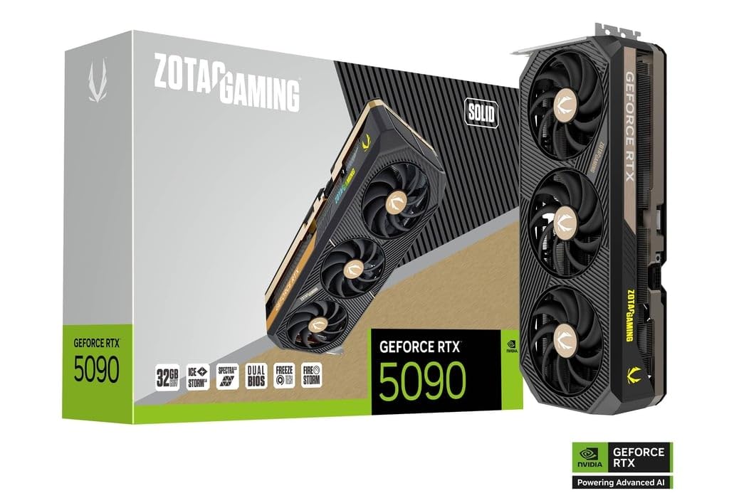 ZOTAC Gaming GeForce RTX 5090 Solid 32 GB GDDR7 GPU-IceStorm 3.0 Advanced Cooling, 34% Larger Vapor Chamber, BladeLink Fans, Reinforced Metal Mid-Frame, Dual BIOS, Bundle with Dockztorm
