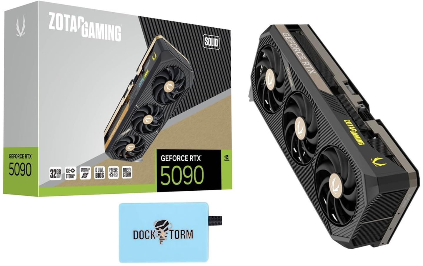 ZOTAC Gaming GeForce RTX 5090 Solid 32 GB GDDR7 GPU-IceStorm 3.0 Advanced Cooling, 34% Larger Vapor Chamber, BladeLink Fans, Reinforced Metal Mid-Frame, Dual BIOS, Bundle with Dockztorm