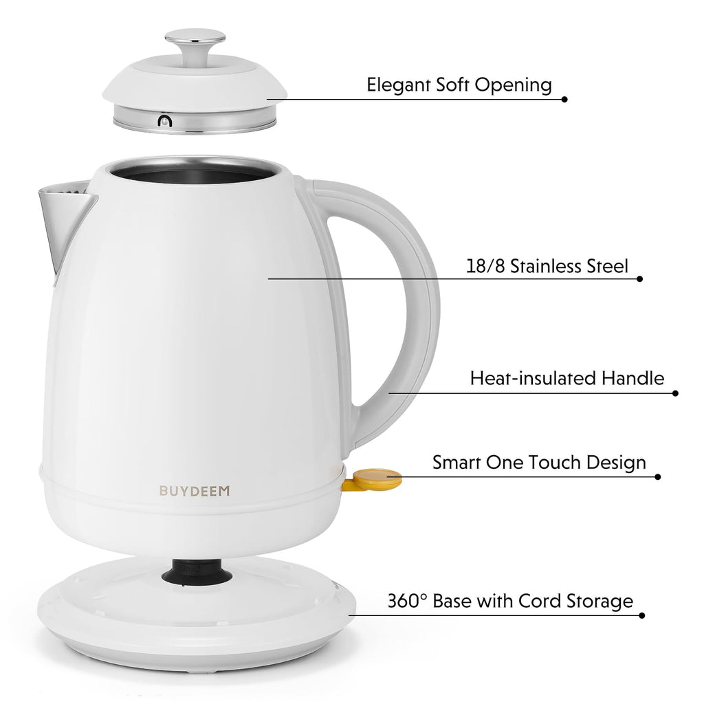 BUYDEEM K640 Stainless Steel Electric Tea Kettle with Auto Shut-Off and Boil Dry Protection, 1.7 Liter Cordless Hot Water Boiler with Swivel Base, 1440W