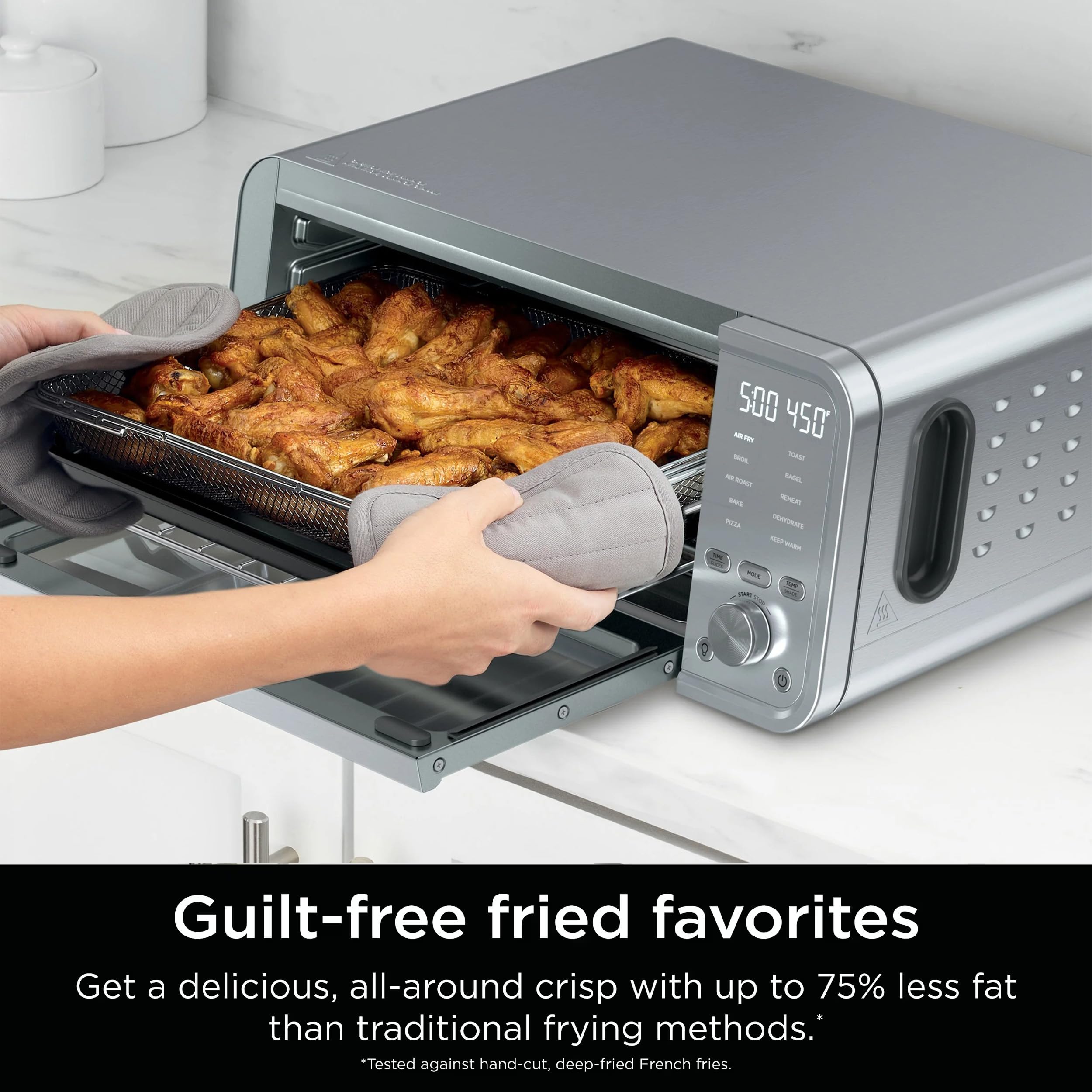 Ninja FT205CO 10-in-1 Digital Air Fry Oven with Extra Large Capacity, Extended Height, Stainless Steel Body, and Temperature Control (Silver and Black, Renewed)
