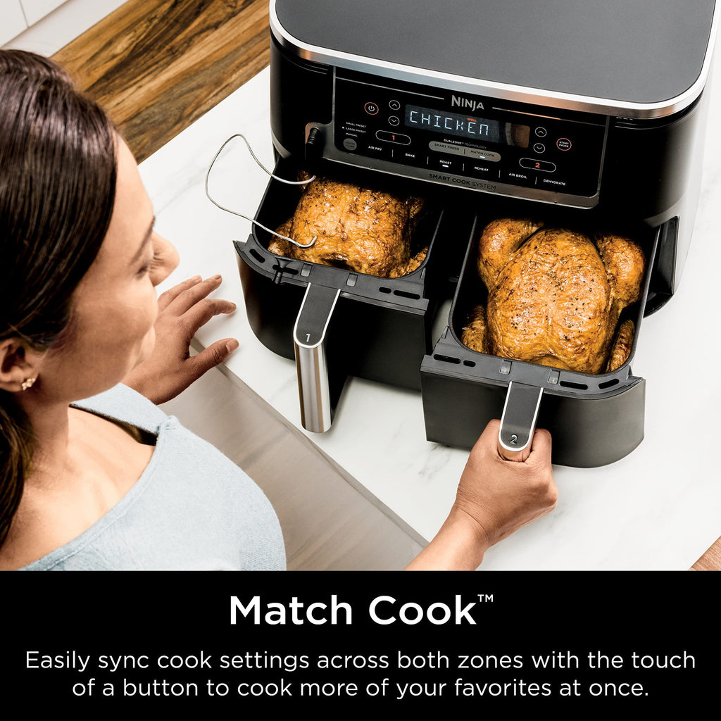 Ninja DZ401 Foodi DualZone XL 2-Basket Air Fryer with 2 Independent Frying Baskets, Match Cook & Smart Finish to Roast, Broil, Dehydrate & More for Quick, Easy Family-Sized Meals (Renewed)