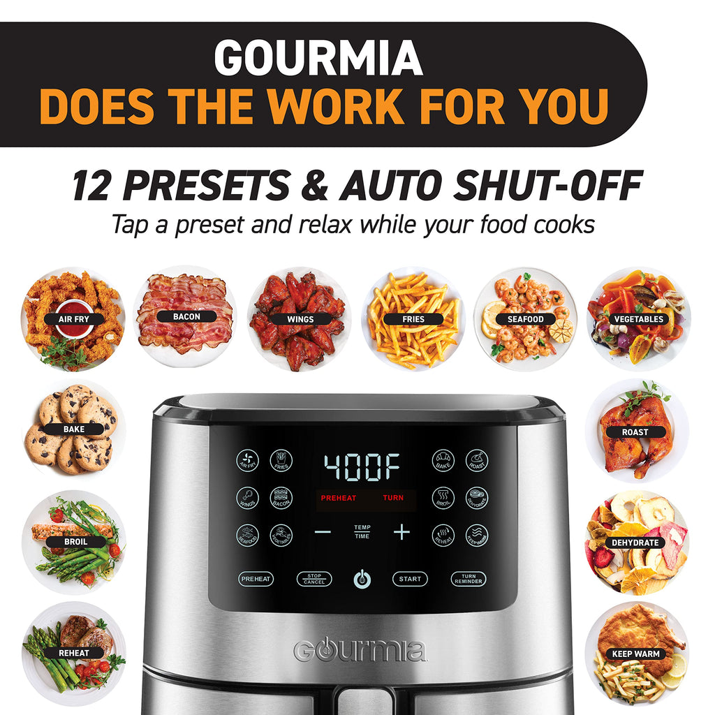 Gourmia Air Fryer Oven Digital Display Large AirFryer Cooker 12 1-Touch Cooking Presets, XL Air Fryer Basket 1500w Power Multifunction Black and Stainless Steel Accents FRY FORCE 360
