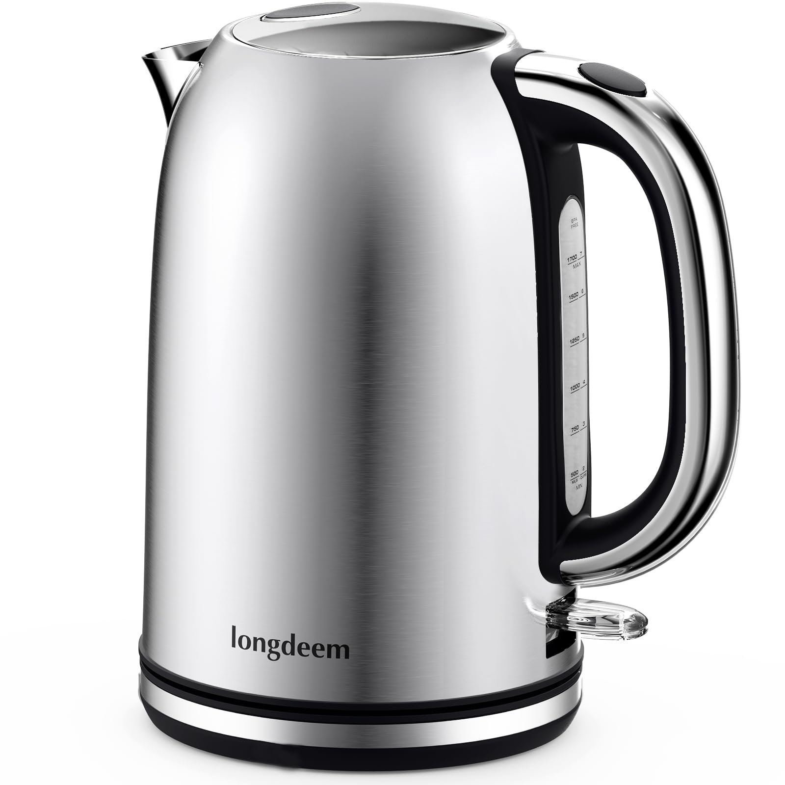 LONGDEEM Electric Tea Kettle for Boiling Water, Wide-Open Lid Stainless Steel Water Boiler, 1500W/1.7L, Auto Shut Off & Boil-Dry Protection, Cordless Swivel Base & LED Indicator