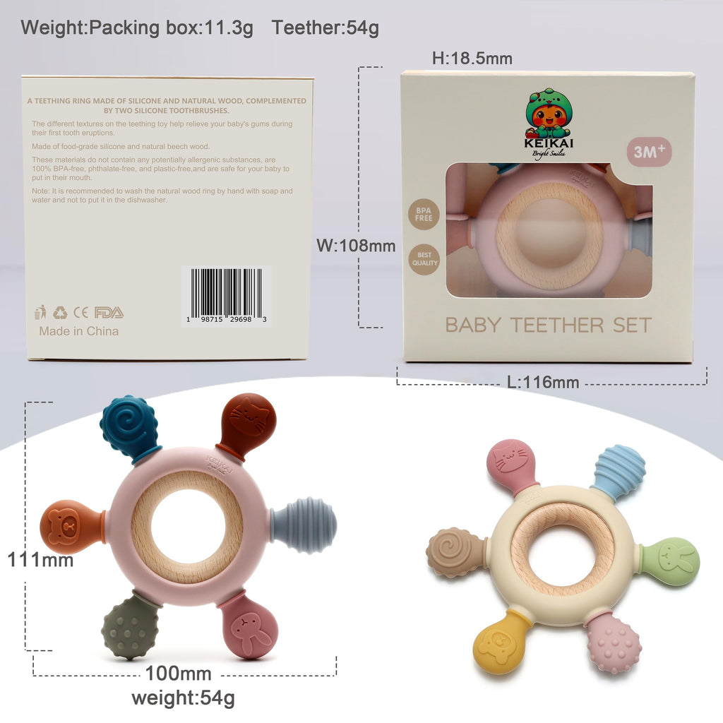 KEIKAI Bright Smiles Teething Toys for Babies, Baby Teethers Toy Teething Ring Silicone, Grasping Teething Toy, BPA Free Teething Nursing Accessories for 3+ Months Boy
