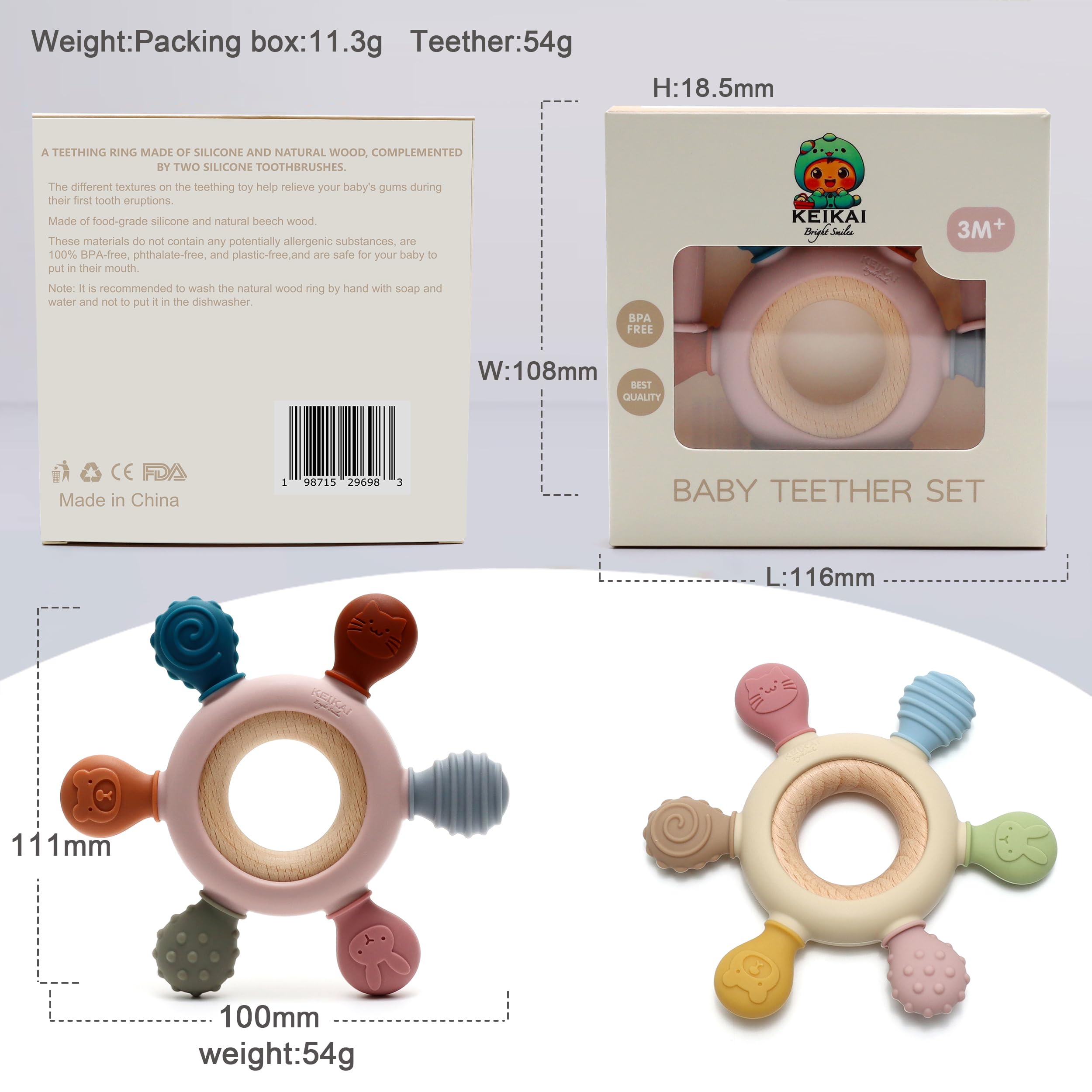 KEIKAI Bright Smiles Teething Toys for Babies, Baby Teethers Toy Teething Ring Silicone, Grasping Teething Toy, BPA Free Teething Nursing Accessories for 3+ Months Boy