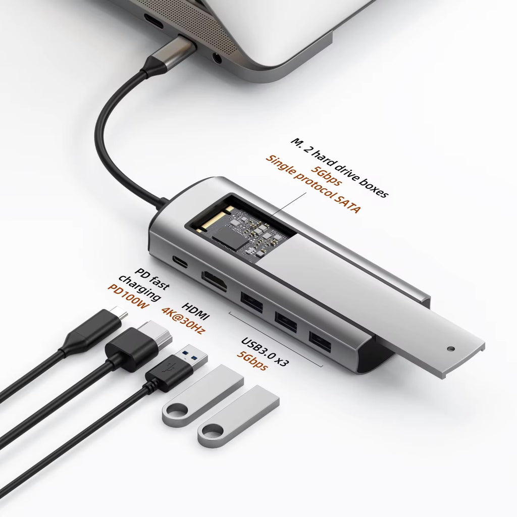 SSD Hub 6 in 1 USB c Hub Type-C to PD HD-MI USB3.0, USB2.0*2 SSD Hard Drive Box Single Agreement