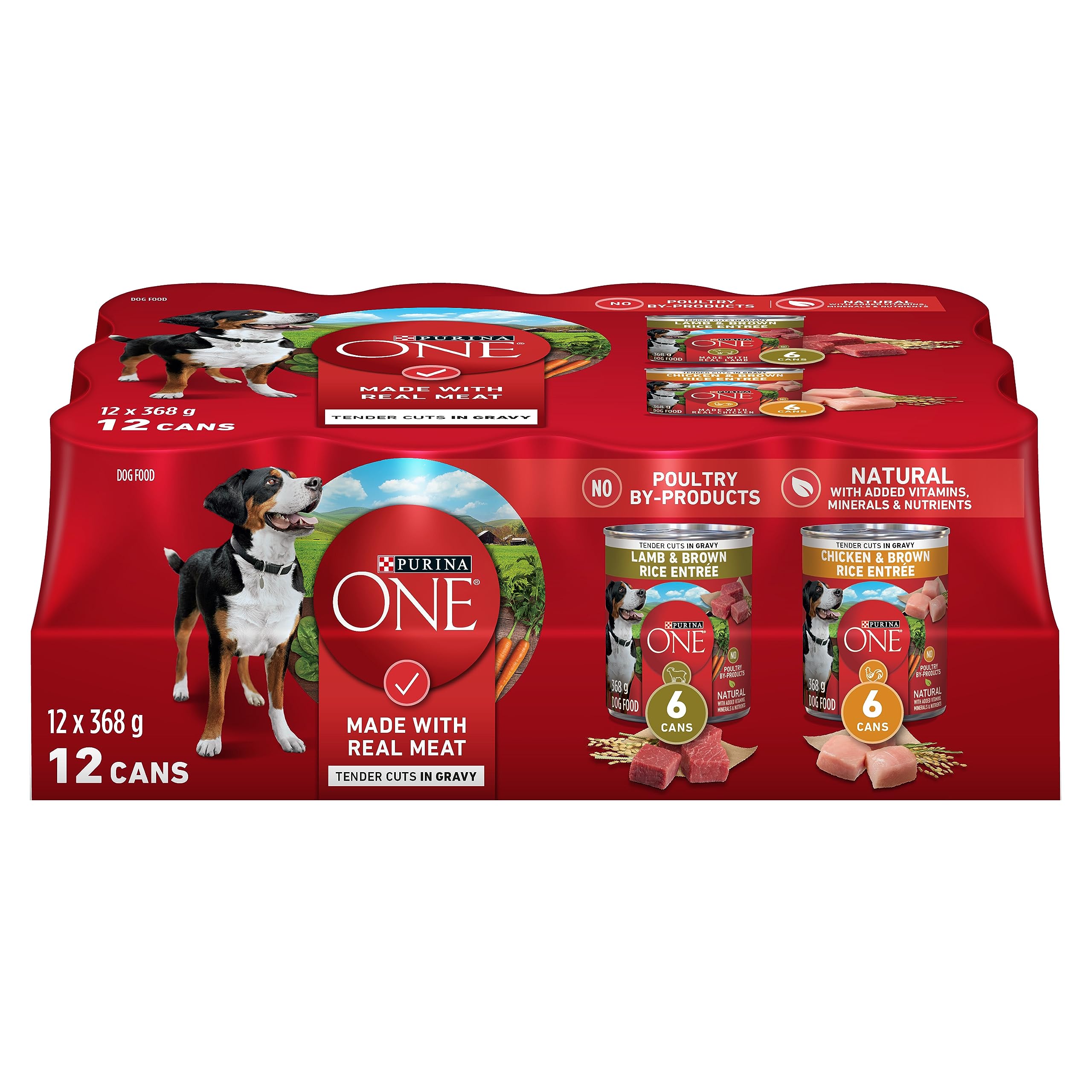 Purina ONE SmartBlend Wet Dog Food Variety Pack, Chicken & Lamb Tender Cuts in Gravy 368g (12 Pack), Brown