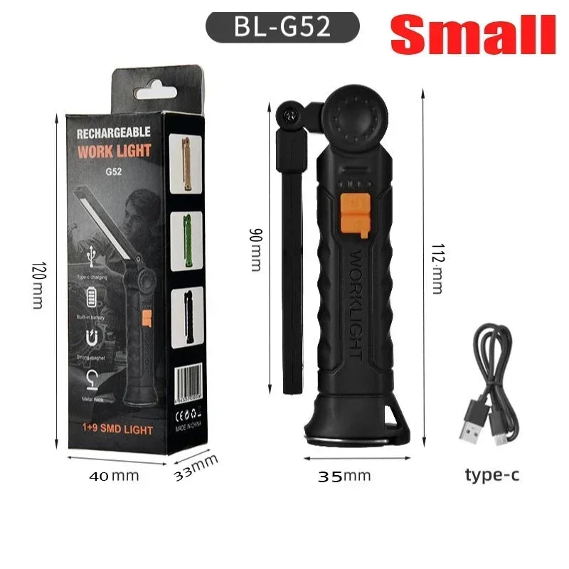 COB LED Work Light Dimmable USB Rechargeable LED Flashlight Inspection Lamp With Magnetic Hook Power Bank 18650 Battery Torch