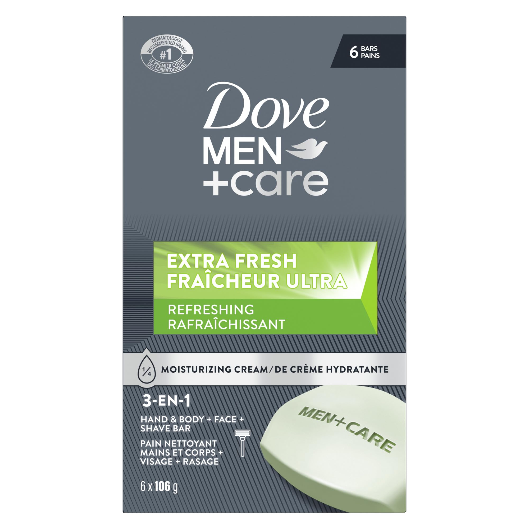 Dove Men+Care Refreshing Extra Fresh Bar Soap Formulated for Men's Skin, 3-N-1 Hand & Body + Face + Shave Bar Soap, with ¼ Moisturizing Cream, 106g (Pack of 6)