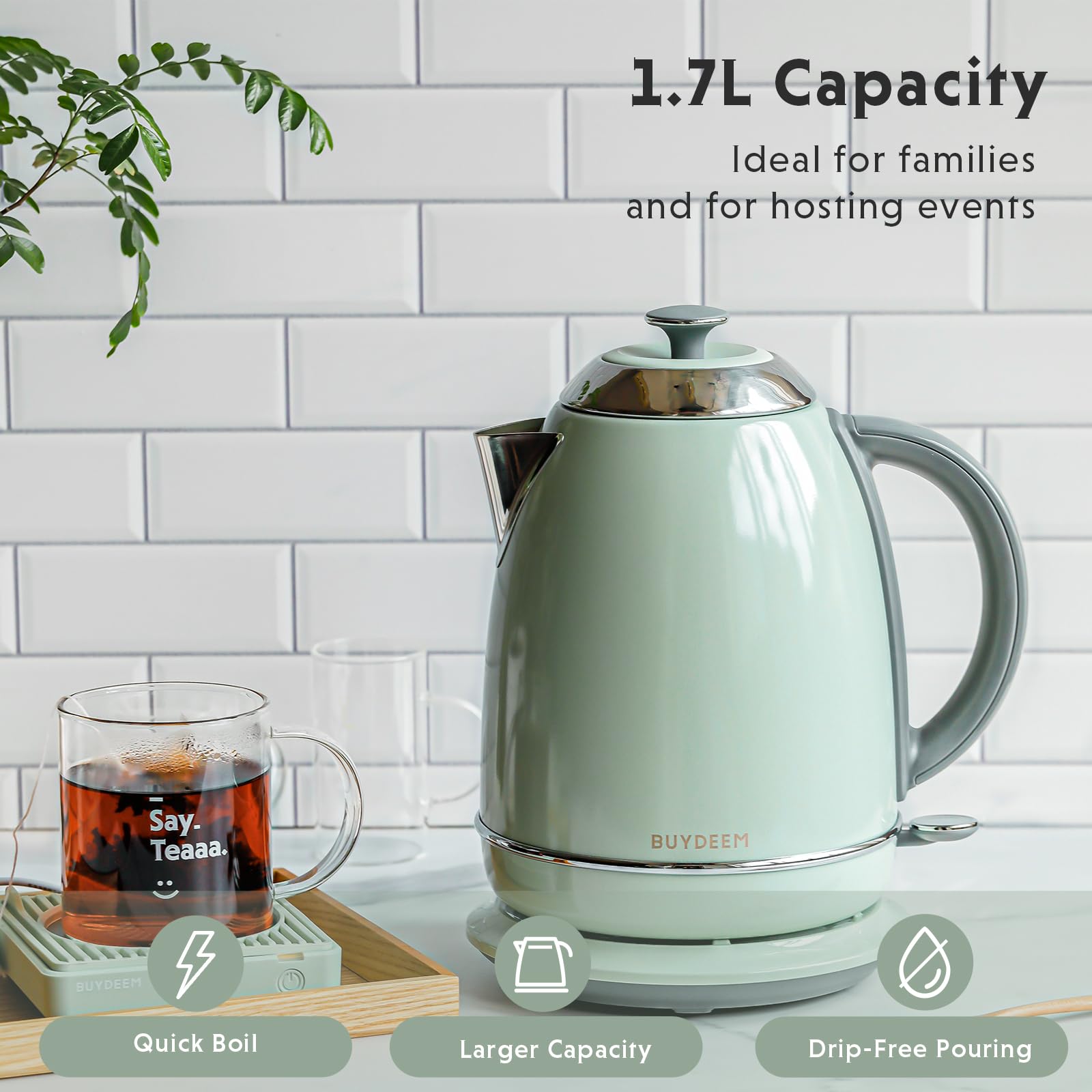 BUYDEEM K640 Stainless Steel Electric Tea Kettle with Auto Shut-Off and Boil Dry Protection, 1.7 Liter Cordless Hot Water Boiler with Swivel Base, 1440W