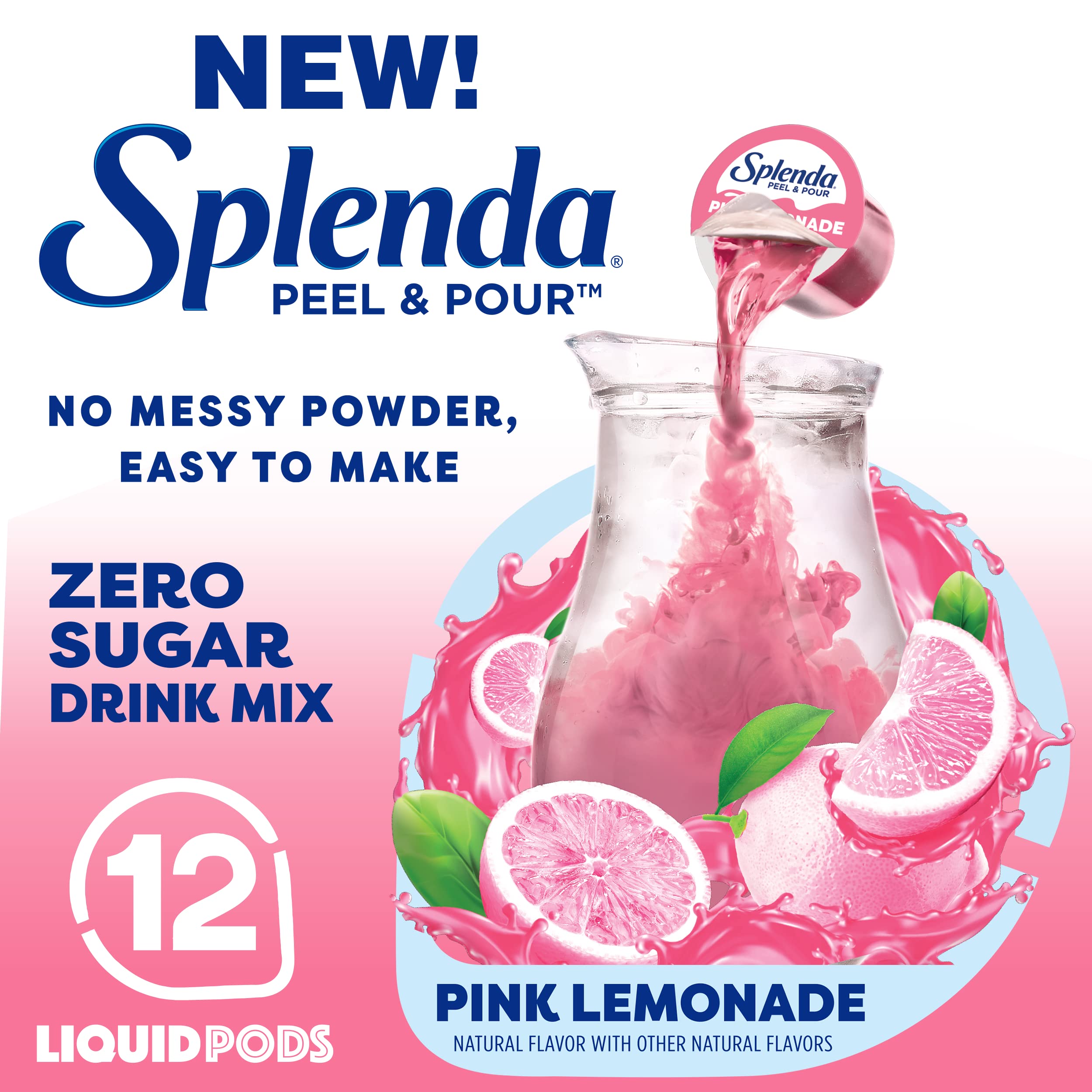 Splenda Peel and Pour Zero Calorie Drink Mix, Naturally Flavored Sugar Free Concentrate, Multi Serve Liquid Pitcher Pods (Pink Lemonade)