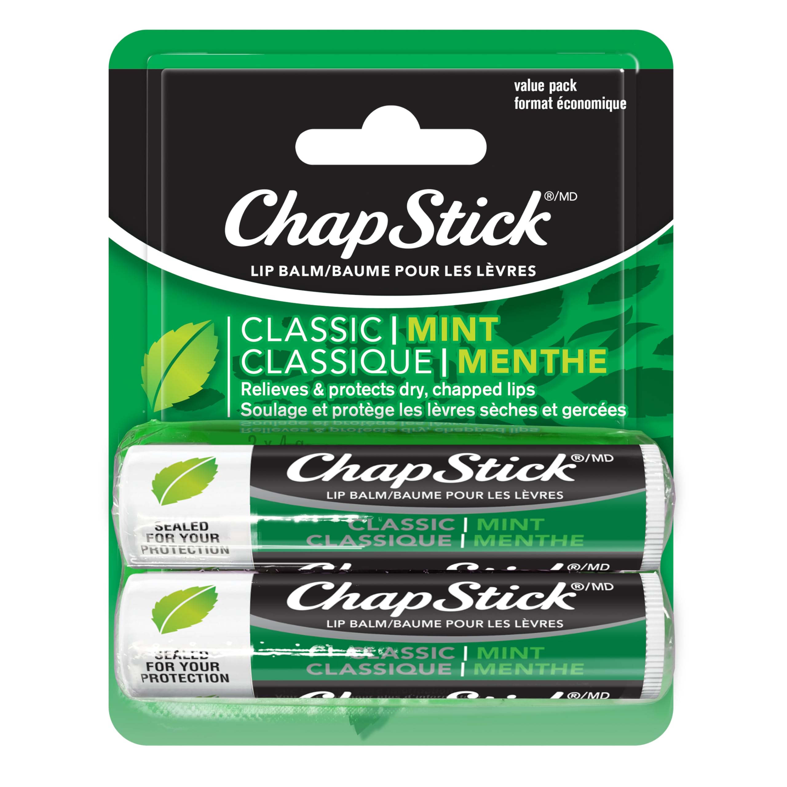 ChapStick Classic Lip Balm, Mint Flavour, 2 Tubes