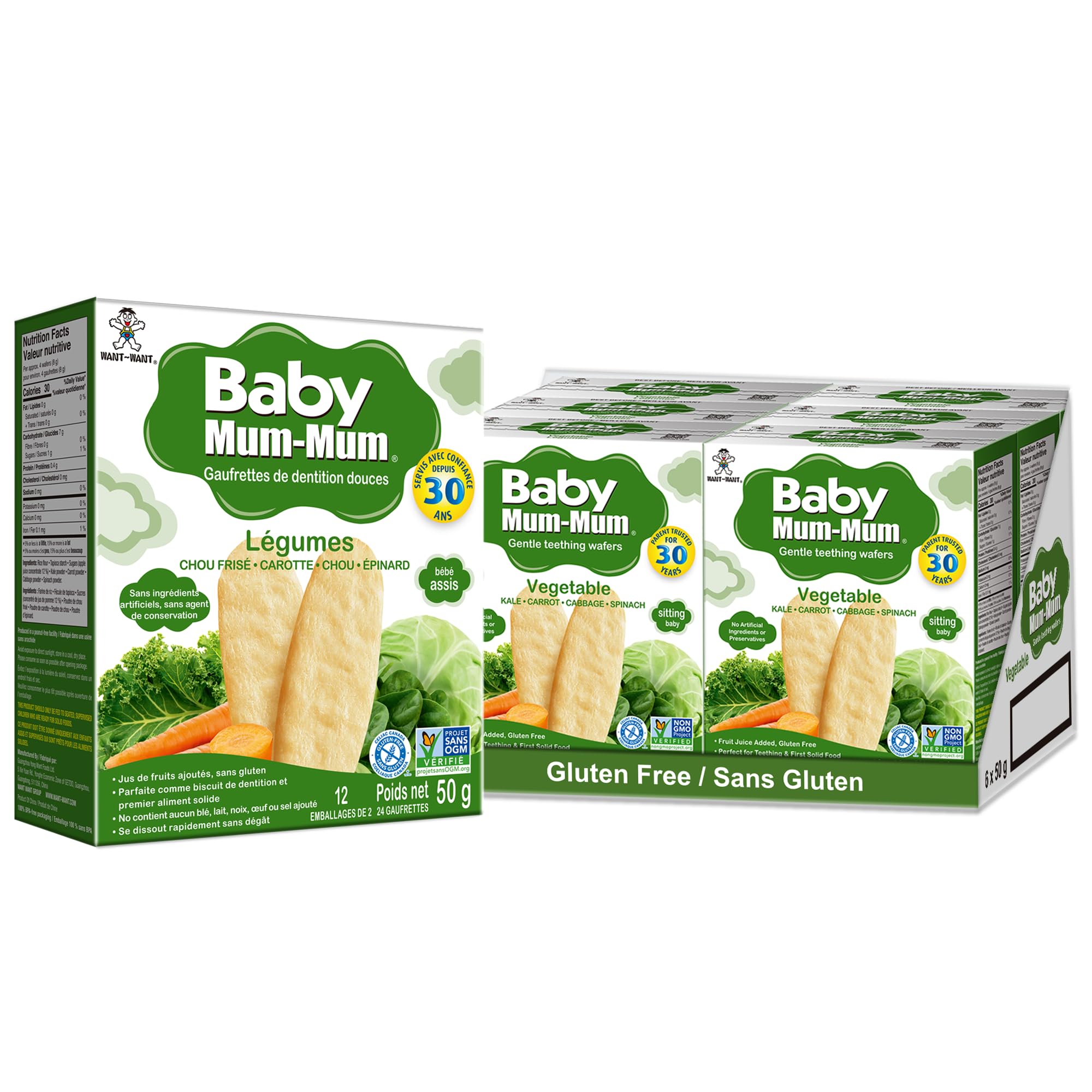 Want-Want Baby Mum-Mum Rice Rusks, Vegetable, Gluten Free, Allergen Free, Non-GMO, Rice Teether Cookie for Teething Infants, 50gms, 24 Rusks per box - Case pack of 6