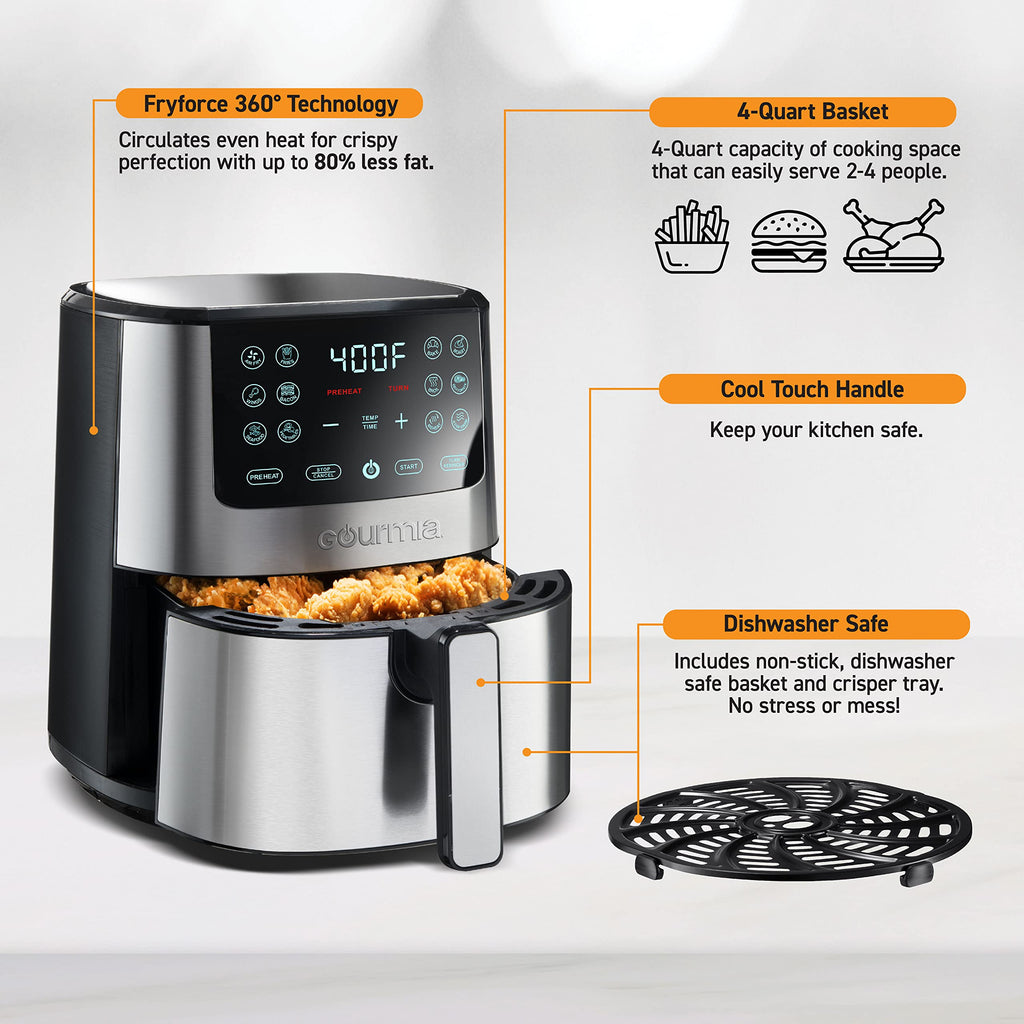 Gourmia Air Fryer Oven Digital Display Large AirFryer Cooker 12 1-Touch Cooking Presets, XL Air Fryer Basket 1500w Power Multifunction Black and Stainless Steel Accents FRY FORCE 360