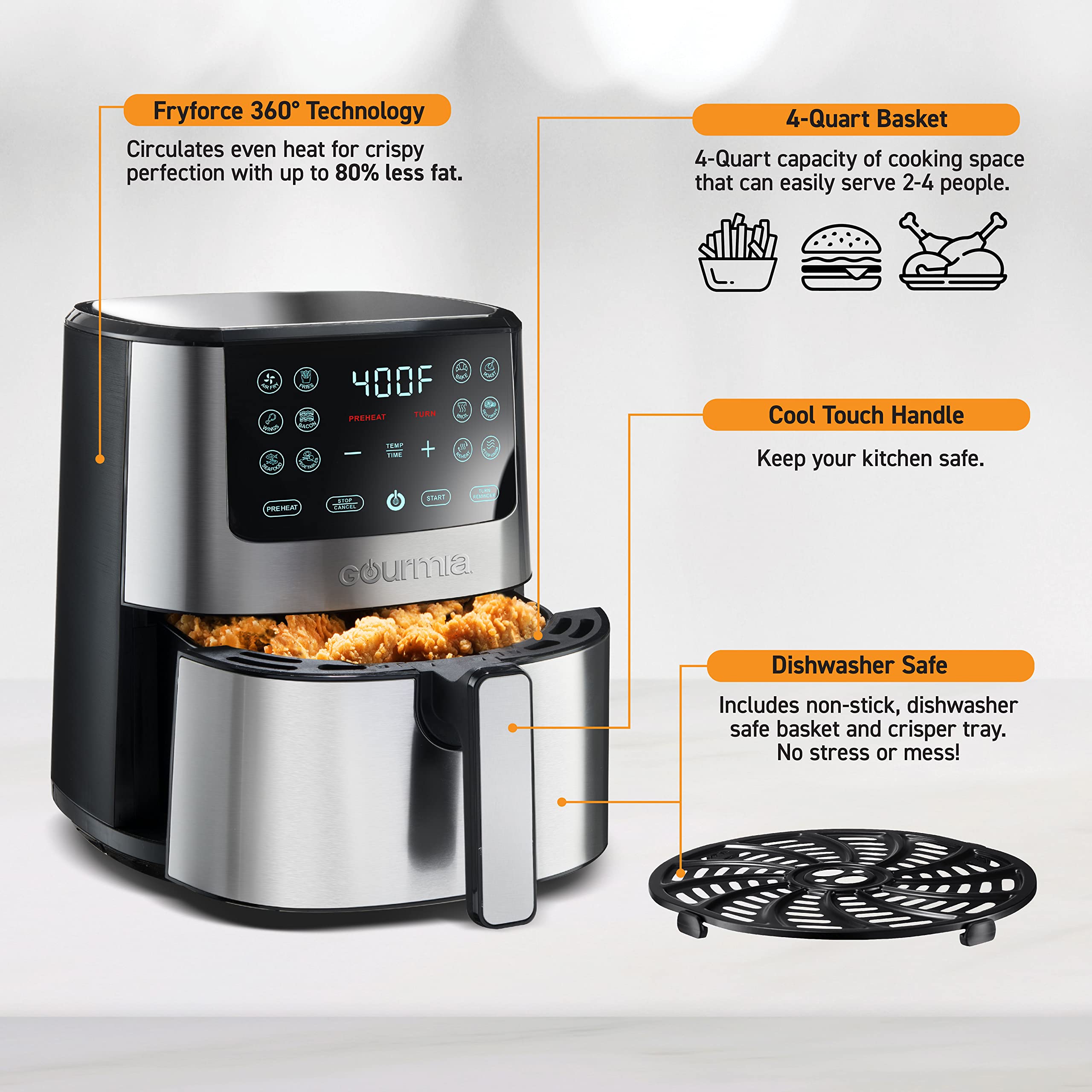 Gourmia Air Fryer Oven Digital Display Large AirFryer Cooker 12 1-Touch Cooking Presets, XL Air Fryer Basket 1500w Power Multifunction Black and Stainless Steel Accents FRY FORCE 360