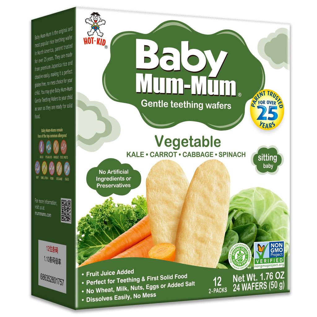Want-Want Baby Mum-Mum Rice Rusks, Vegetable, Gluten Free, Allergen Free, Non-GMO, Rice Teether Cookie for Teething Infants, 50gms, 24 Rusks per box - Case pack of 6