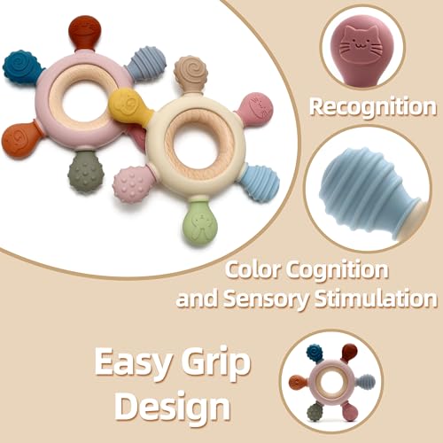 KEIKAI Bright Smiles Teething Toys for Babies, Baby Teethers Toy Teething Ring Silicone, Grasping Teething Toy, BPA Free Teething Nursing Accessories for 3+ Months Boy
